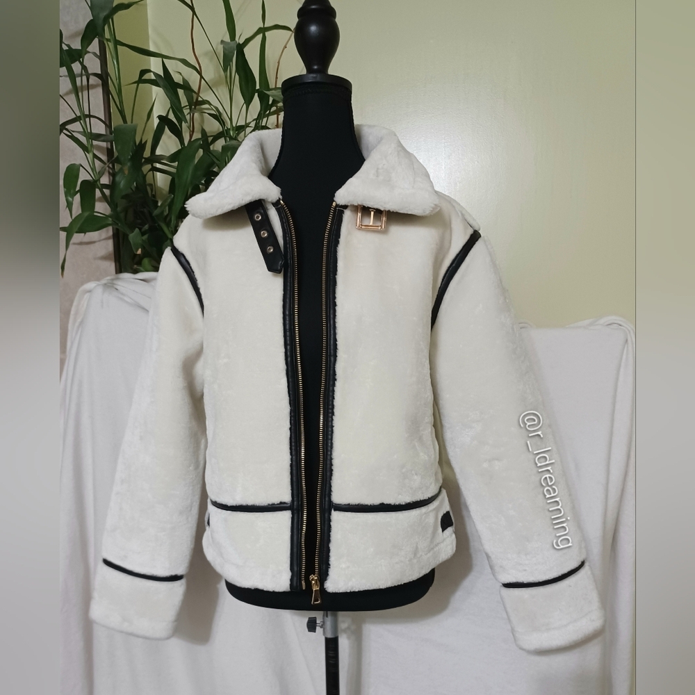 NWT Ann Taylor Zip Front Shearling Collar Moto Jacket Size XXS/P In Winter White